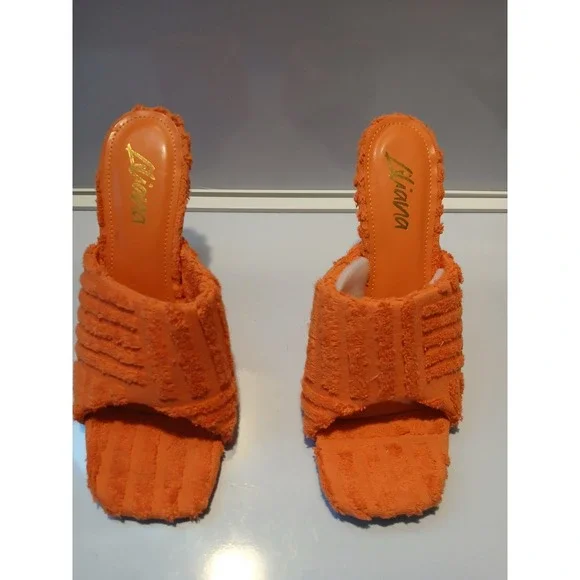 LIAYANA Orange Terry Cloth Open Toe Square Toe Heels Women Size 9 - Picture 3 of 9